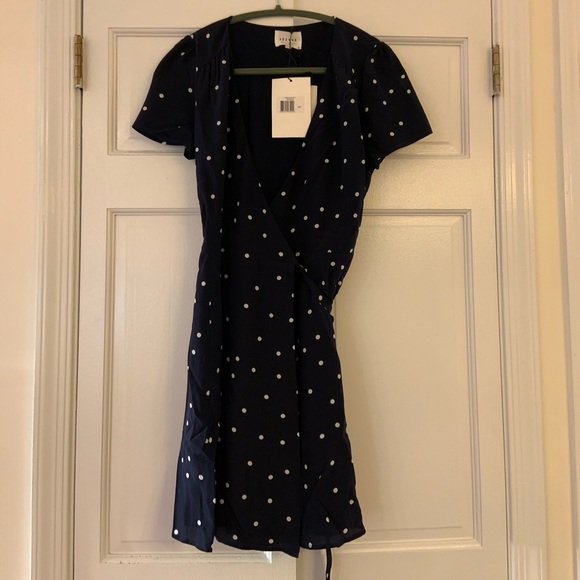 Sezane Silk Wrap Dress Navy Pea  Mini NWT - Picture 2 of 9